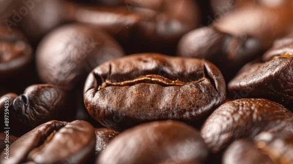 Fototapeta Macro shot of coffee beans showing their texture.