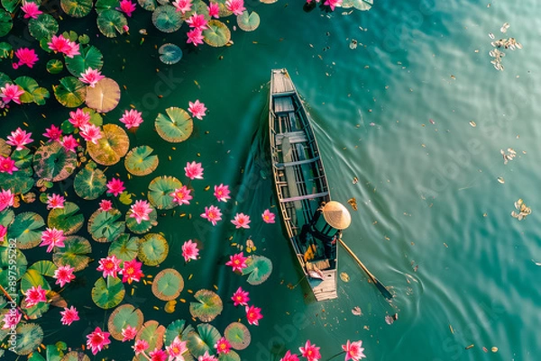 Obraz Vietnamese boat navigating a river filled with lotus flowers