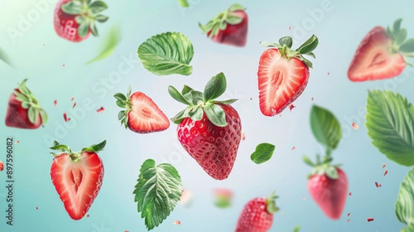 Fototapeta strawberry with half slices falling or floating