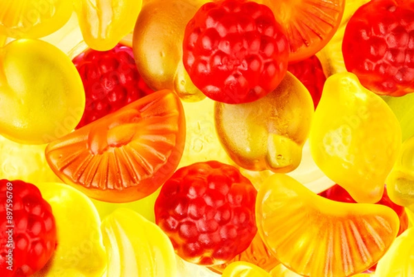 Obraz closeup fruit gums jelly candies with red strawberries, green apples, yellow bananas and orange