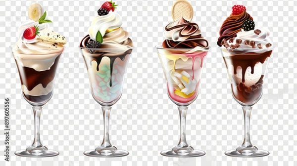 Fototapeta ice cream dessert, collection of sundae on white background, isolated