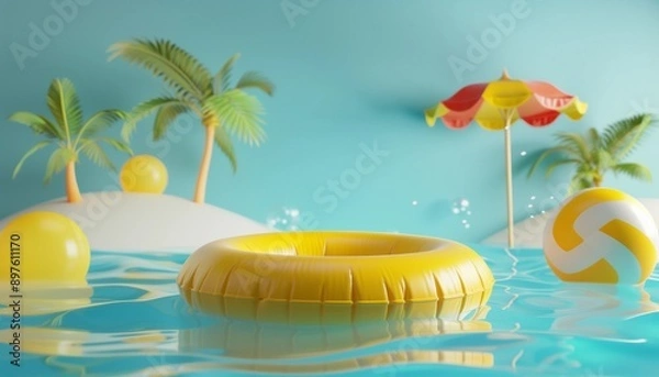 Obraz Yellow Swimming Ring Floating in Pool, product display. 3d render