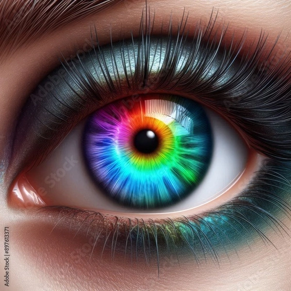 Fototapeta An upclose photograph featuring a vivid and colorful eye with a rainbow effect. Generative ai.