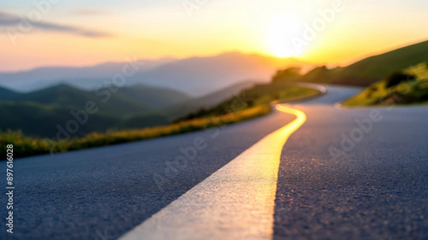 Fototapeta Close up of a winding road illuminated by the golden glow of the setting sun, curving through lush green hills.