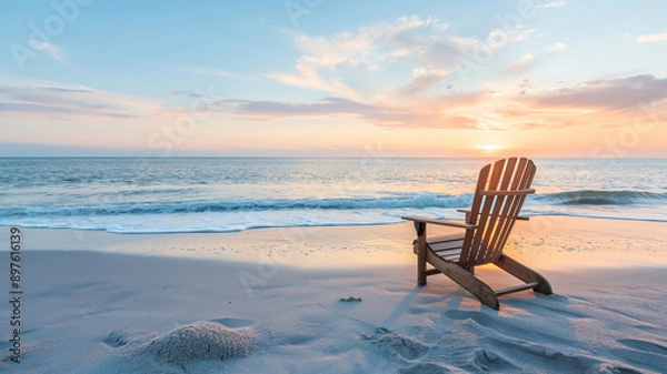 Fototapeta A serene wooden chair facing the ocean, bathed in the soft colours of a setting sun on a peaceful beach.