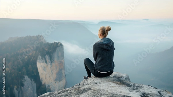 Fototapeta A woman sits on a mountain cliff, admiring the misty view of distant peaks and valleys.