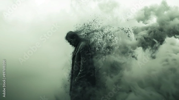 Obraz a person dissolving into smoke and particles, creating a surreal and haunting effect
