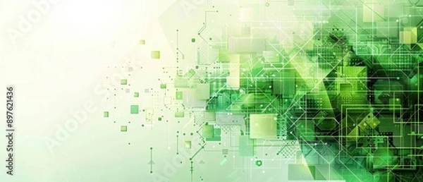 Fototapeta Minimalist depiction of AI and green technology, geometric shapes and green tones, clean and innovative, space for text