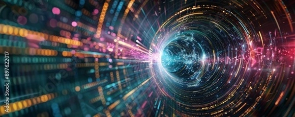 Fototapeta Digital vortex of glowing lines and lights, futuristic technology concept