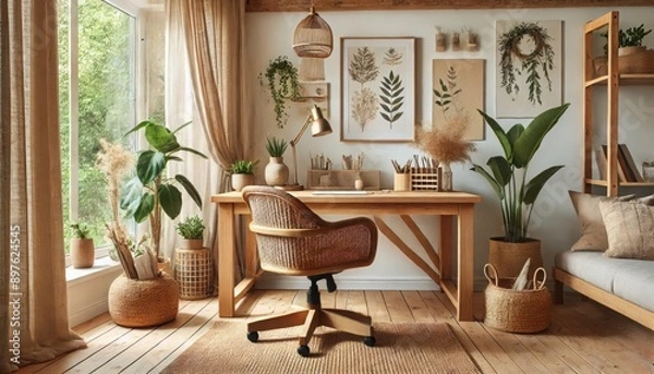 Fototapeta A nature-inspired home office, focus on natural materials and serene colors.jpeg