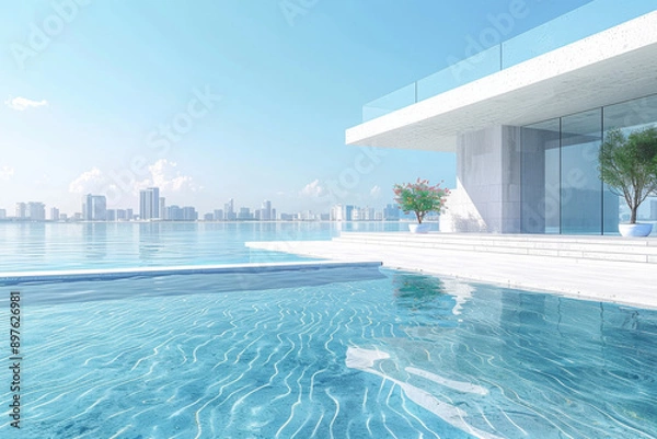 Obraz Modern buildings by the lake. The modern urban skyline is in the background.