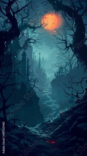 Fototapeta A chilling depiction of a forgotten realm ruled by darkness. ,Dark Color light ,vectorline design , illustration , Mobile Wallpaper