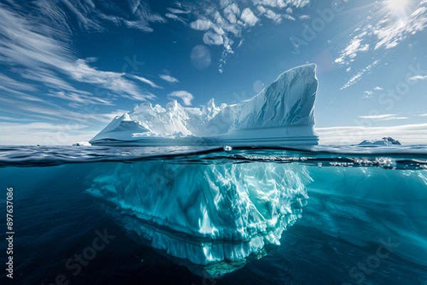 Fototapeta A massive iceberg floating in the ocean, half above and half below the water surface, The underwater part is massive, while on top it's just a small piece A blue sky overhead with clouds
