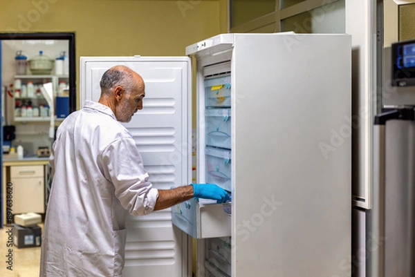 Obraz Scientist checking contents of refrigerator in laboratory