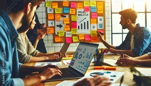 Fototapeta A team analyzes data and strategies in a brightly lit office