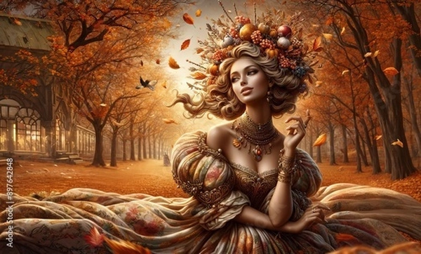 Fototapeta An allegory of autumn, autumn in the form of an attractive woman in luxurious clothes in an autumn park