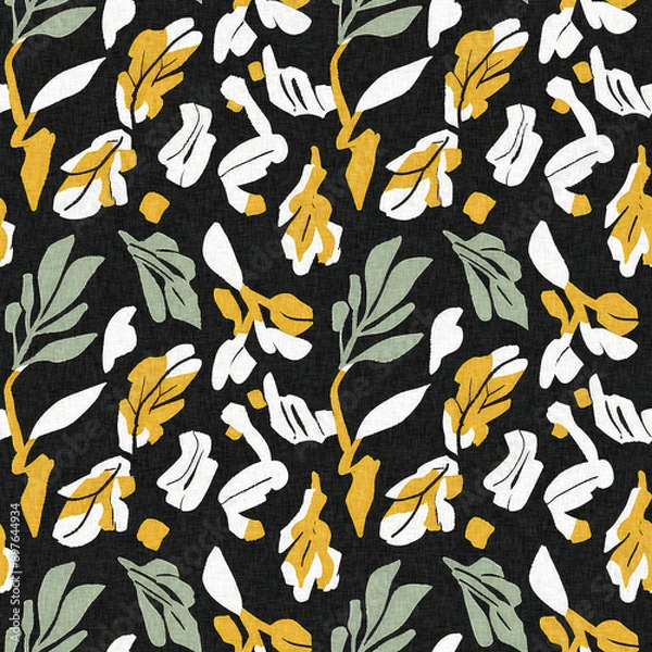 Obraz Modern printed fabric wildflower blockprint pattern with linen fabric textures. Stylized hand drawn boho dark florals for decorative design elements in repeatable background tile.