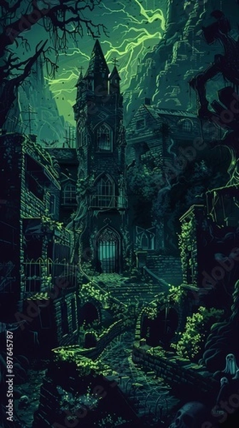 Fototapeta A dark and foreboding scene of a haunted asylum. ,Dark Color light ,vectorline design , illustration , Mobile Wallpaper