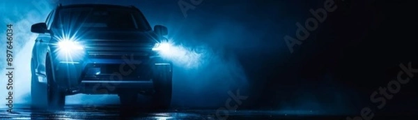 Obraz A Modern SUV Driving Through Fog at Night With Bright Headlights