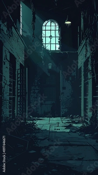 Fototapeta A dark and foreboding scene of an abandoned asylum. ,Dark Color light ,vectorline design , illustration , Mobile Wallpaper