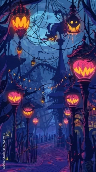 Fototapeta A dark and twisted carnival with malevolent spirits. ,Dark Color light ,vectorline design , illustration , Mobile Wallpaper
