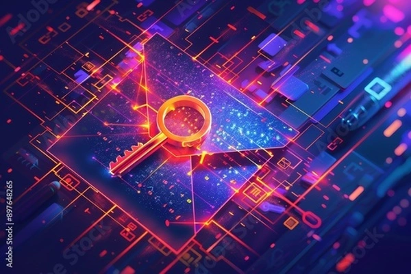 Fototapeta A digital illustration featuring a glowing envelope and a key, symbolizing email security and encryption within a technological environment