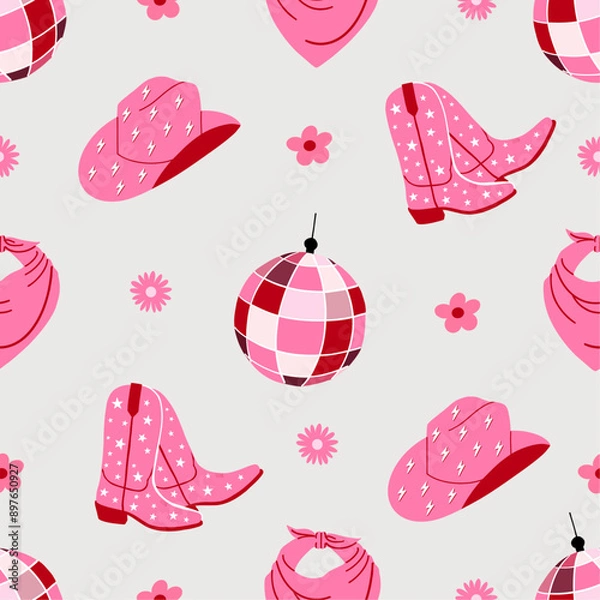 Obraz Seamless pattern with cowboy elements. Cowgirl boots and hat, bandana, disco ball. Wild west, western retro design. Pink background. Hand drawn vector illustration