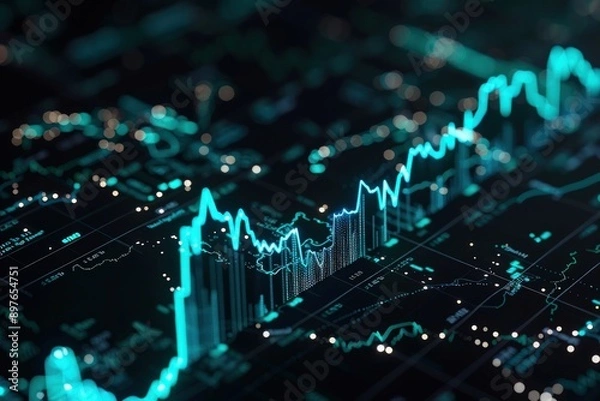 Fototapeta Midnight black stock market visualization with glowing cyan lines.