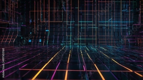 Fototapeta Futuristic Data Grid Background with Neon Lines and Dark Sleek Texture 