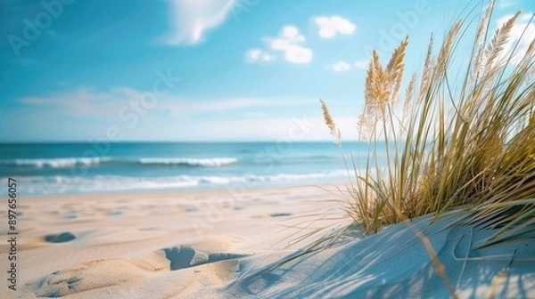 Fototapeta Tranquil beach scene in summer vacation setting with space for text
