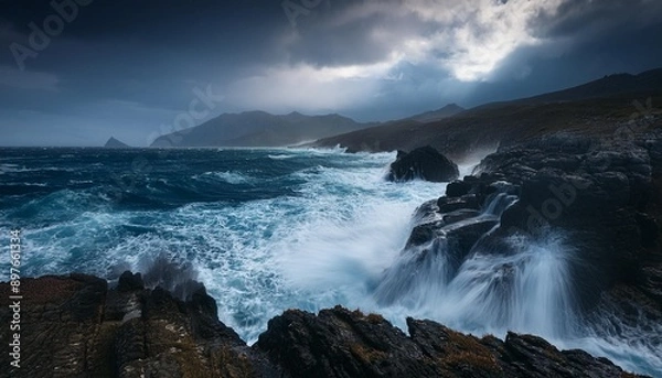 Fototapeta Wild Coastal Landscape: Majestic Cliffs and Turbulent Waters in a Storm. Generative AI