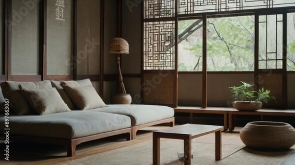 Obraz Asian-inspired interior design surface with low furniture, natural materials, and a serene color palette, emphasizing harmony and tranquility