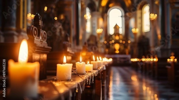 Fototapeta Burning candles in catholic church