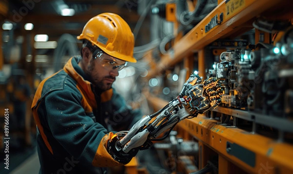 Fototapeta A worker with a robotic arm wearing a protective helmet at work