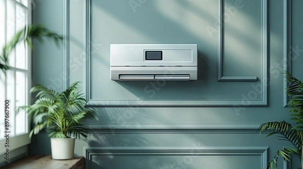 Fototapeta Modern Air Conditioner Unit Installed on Teal Wall With Sunlight and Greenery