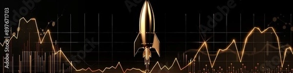 Fototapeta Neon bronze graph and rocket against a black background, depicting successful business advancement.