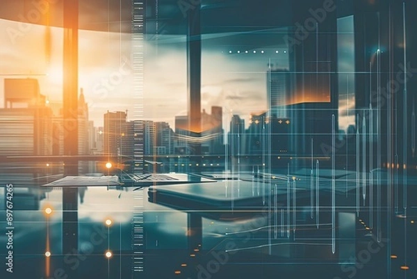 Fototapeta Sunset View from Modern Office with Laptop and Cityscape