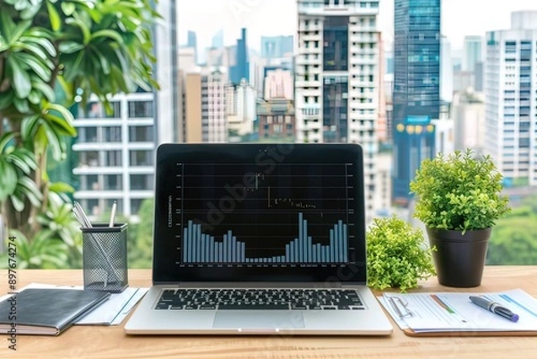 Fototapeta Laptop on wooden desk with business charts and urban view