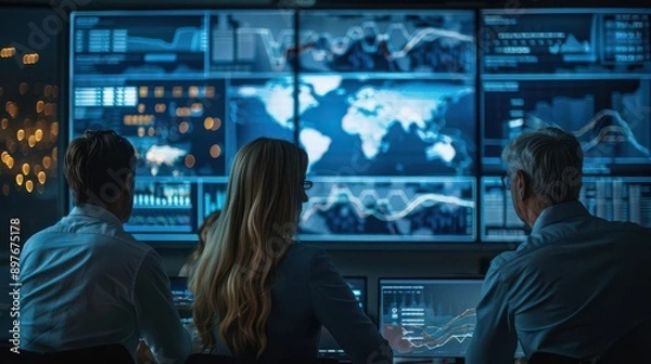 Fototapeta A team of professionals monitor a large screen displaying a world map and data visualizations.