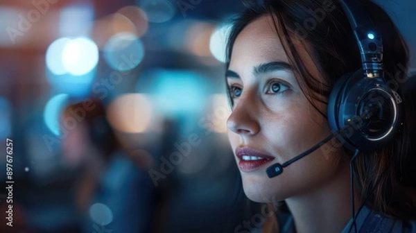Fototapeta A woman with headphones and a microphone looks intently at a screen, her focus evident in her eyes.  The background is blurred, highlighting her concentration.