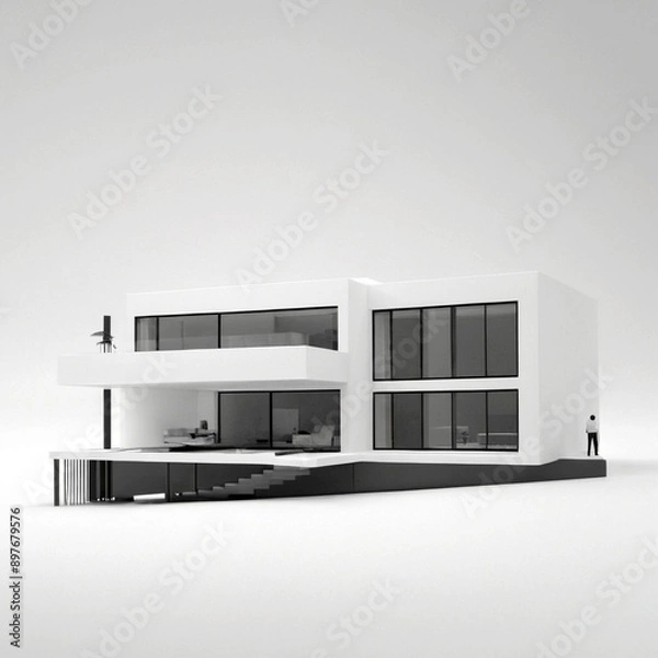 Fototapeta Modern white house with large windows and patio