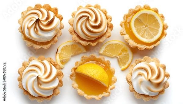 Obraz Tartlets with lemon curd and meringue isolated on white, top view. Delicious dessert