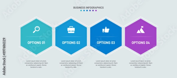 Fototapeta Horizontal progress bar featuring 4 arrow-shaped elements, symbolizing the four stages of business strategy and progression. Clean timeline infographic design template. Vector for presentation