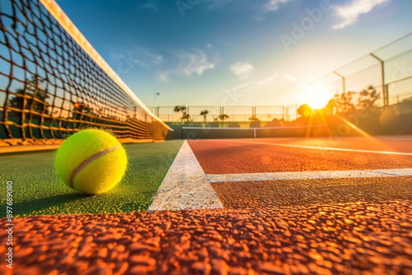 Fototapeta Serene outdoor tennis court at sunset, featuring an empty playing field with a green tennis ball resting on the white lines. The warm glow of the setting sun casts long shadows acr
