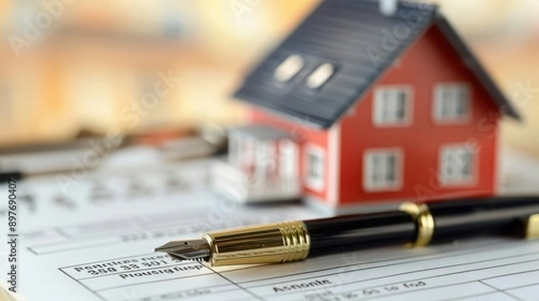 Fototapeta A close-up image of a real estate contract with a pen