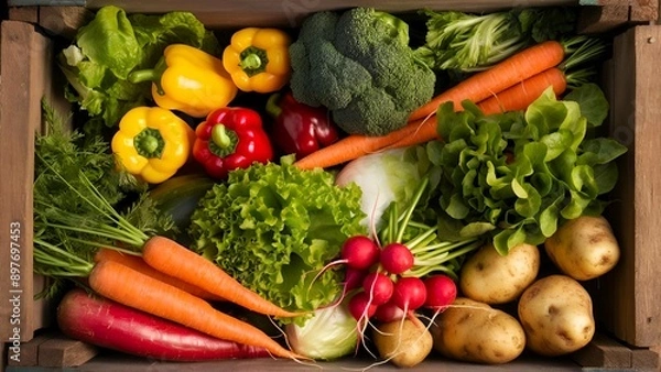 Fototapeta Wooden Crate Filled with Fresh vegetables, perfect for healthy eating and farm-to-table concepts