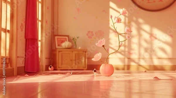 Fototapeta   A vase with pink flowers rests on wooden floor near a wall-mounted clock