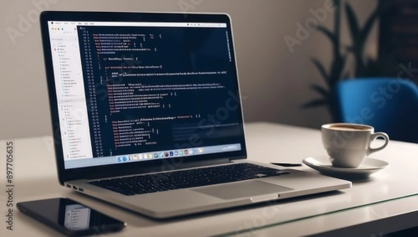Fototapeta Laptop with Coding on the Screen and a Cup of Coffee on a Desk

