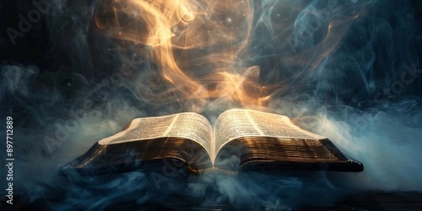 Fototapeta Open bible on a dark background with rays of light and smoke, with copy space