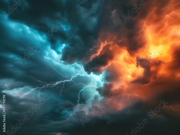 Fototapeta Cloud sky with lightning, thunder storm background for presentation. Red and blue